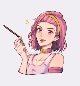 1girl choker collarbone commentary cropped_torso diamond_wa_kudakenai english_commentary food grey_background hairband holding holding_food holding_pocky jojo_no_kimyou_na_bouken kookirani open_mouth pink_eyes pink_hair pocky short_hair simple_background solo sugimoto_reimi yellow_hairband