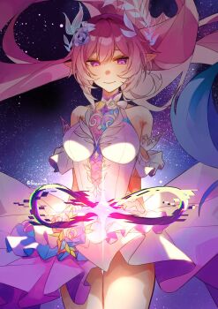 1girl aqua_hair bare_shoulders breasts commentary_request cyrene_(honkai:_star_rail) cyrene_(ripples_of_past_reverie)_(honkai:_star_rail) diamond-shaped_pupils diamond_(shape) dress flower futabababa_28 hair_flower hair_ornament highres honkai:_star_rail honkai_(series) large_breasts long_hair looking_at_viewer multicolored_hair pink_hair pointy_ears purple_eyes sky solo star_(sky) starry_sky symbol-shaped_pupils thighs two-tone_hair very_long_hair white_dress