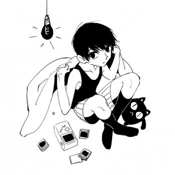 1boy :3 :| animal antenna_hair bare_arms bare_shoulders blanket cat closed_mouth collarbone commentary_request crossed_ankles empty_eyes expressionless from_above full_body greyscale hair_between_eyes handheld_game_console hands_up high_contrast holding holding_blanket indian_style kneehighs light_bulb male_focus mewo monochrome no_pupils no_shoes omori omoriboy pinstripe_shorts short_hair shorts simple_background sitting socks solo swept_bangs tank_top toastytoast very_short_hair white_background