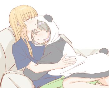 2girls absurdres animal_costume blonde_hair blue_shirt blush chinese_commentary closed_eyes closed_mouth commentary_request cuddling green_eyes green_shorts grey_hair hand_on_another&#039;s_back heanna_sumire highres long_hair love_live! love_live!_superstar!! multiple_girls onesie panda_costume parted_lips pink_streaks shirt short_sleeves shorts smile taihai_tuifei tang_keke yuri