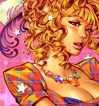 Rule 34 | 1girl, aqua gem, babybeetlekat, black feathers, blonde hair, breasts, brown eyes, cleavage, colored lineart, commentary, curled ends, curly hair, dark-skinned female, dark skin, dress, english commentary, fashion, feather hair ornament, feathers, festoon (necklace), gem, glint, gold necklace, green dress, hair ornament, highres, jewelry, lipgloss, lips, long eyelashes, looking at viewer, makeup, mascara, medium breasts, mole, mole under mouth, multicolored dress, multiple drills, necklace, open mouth, orange gem, pink background, pinkpantheress, plaid background, plaid clothes, plaid dress, portrait, procreate (medium), purple dress, purple gem, real life, red dress, red gem, rococo movement, shiny skin, short hair, short sleeves, sparkling eyes, square neckline, star (symbol), star symbol background, teeth, white feathers, wispy bangs