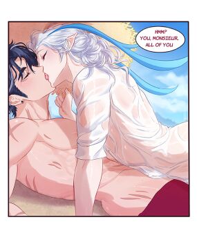 2boys abs closed_eyes commentary earrings english_commentary english_text french_kiss genshin_impact grey_hair hat jewelry k0shpy kiss multicolored_hair multiple_boys neuvillette_(genshin_impact) pointy_ears scar speech_bubble stud_earrings white_hair wriothesley_(genshin_impact) yaoi