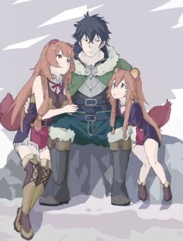 1boy 2girls :o adapted_costume animal_ears ankle_boots arm_around_waist armor belt black_belt black_dress black_hair black_shirt blunt_bangs boots breastplate breasts brown_belt brown_boots brown_hair brown_shirt child cloak closed_mouth collar commentary_request dress ears_down frown full_body fur-trimmed_boots fur-trimmed_hood fur_trim green_cloak green_eyes green_pants grey_background hair_between_eyes highres hood hood_down hooded_cloak iwatani_naofumi knee_boots layered_dress layered_shirt leather_armor long_hair looking_at_another medium_breasts messy_hair metal_collar metal_hair_tubes metal_wrist_cuffs multiple_girls neck_ribbon on_rock open_mouth pants pink_eyes raccoon_ears raccoon_girl raccoon_tail raphtalia raphtalia_(young) rauto red_dress red_ribbon ribbon shirt short_hair short_sleeves sidelocks sitting sleeveless sleeveless_dress smile straight_hair tail tate_no_yuusha_no_nariagari thigh_boots thighhighs time_paradox two-tone_dress v-shaped_eyebrows white_dress zettai_ryouiki