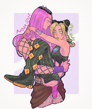 1boy 1girl bare_shoulders black_boots black_hair black_pants black_tank_top blush boots braid breasts bun_with_braided_base character_name cone_hair_bun couple cowboy_shot crop_top double_bun fake_horns fishnet_top fishnets green_eyes green_hair green_lips green_nails hair_bun hand_on_another&#039;s_ass hand_on_another&#039;s_back hand_on_another&#039;s_neck hat hetero highres horned_hat horns jojo_no_kimyou_na_bouken kuujou_jolyne lifting_person lipstick long_hair looking_at_another makeup midriff multicolored_hair narciso_anasui pants pink_hair pink_lips pink_nails spider_web_print stone_ocean studded_hat t_0nd tank_top two-tone_hair