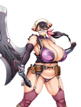 Rule 34 | 1girl, aqua eyes, armor, bare shoulders, bikini, bikini armor, black gloves, black hair, breasts, cattleya (queen's blade), cleavage, elbow gloves, garter straps, glasses, gloves, headscarf, holding, holding weapon, huge breasts, looking at viewer, navel, official art, purple bikini, queen's blade, queen's blade limit break, revealing clothes, semi-rimless eyewear, simple background, solo, standing, stomach, swimsuit, tachi-e, thighhighs, thighs, thong, transparent background, weapon