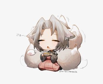 1boy alternate_costume animal_ears arm_belt black_kimono bowl chibi chibi_only closed_eyes commentary detached_sleeves ears_down final_fantasy final_fantasy_vii final_fantasy_vii_ever_crisis food food_on_face fox_boy fox_ears full_body grey_background grey_hair hair_intakes hakama hands_up hattouissenbaka holding holding_bowl japanese_clothes kemonomimi_mode kimono kitsune male_focus multiple_tails open_mouth parted_bangs red_hakama sephiroth sephiroth_(ever_crisis) sleeveless sleeveless_kimono solo symbol-only_commentary tail tail_wagging translation_request twitter_username