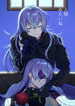 2boys backlighting black_gloves black_shirt blue_hair closed_eyes commentary_request couch cracked_skin dual_persona flower flower_request gloves highres holding holding_flower hollow_body hoshirube_sho hoshirube_sho_(1st_costume) jacket long_hair male_focus multicolored_hair multiple_boys nagikiho nijisanji on_couch parted_lips purple_background purple_hair red_flower shirt sitting smile streaked_hair tentacles translation_request white_jacket window