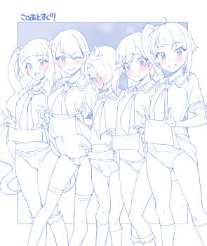 1boy 4girls ahoge blunt_bangs blush breasts bulge cameltoe character_request commentary copyright_request crossdressing crossdressing_(mtf) hashtag-only_commentary highres lifting_own_clothes long_hair looking_at_viewer medium_breasts medium_hair miyagoe_yoshitsuki monochrome multiple_girls navel navel_piercing panties piercing school_uniform small_breasts smile string_panties thighhighs trap twintails underwear