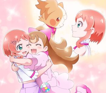 2girls :3 ;d ^_^ anime_coloring aqua_eyes blush blush_stickers bow brown_fur brown_hair bubble_background closed_eyes closed_mouth clothing_cutout commentary cropped_shirt cropped_torso dog dress dual_persona frilled_shirt frilled_sleeves frills hair_bow hair_ornament hairclip happy heart heart_hair_ornament heart_pockets hood hood_down hooded_dress hug inukai_iroha inukai_komugi inukai_komugi_(dog) kakiuchi_itsuki leg_up long_hair looking_at_another midriff multiple_girls multiple_views neck_ribbon one_eye_closed open_mouth orange_hair pact_holder papillon_(dog) pet pink_background pink_bow pink_dress pink_ribbon pink_shoes ponytail pouch precure puffy_short_sleeves puffy_sleeves purple_shorts red_eyes ribbon shirt shoes short_dress short_hair_with_long_locks short_sleeves shorts shoulder_cutout smile sparkle sparkle_background suspender_shorts suspenders upper_body white_shirt wonderful_pact wonderful_precure!