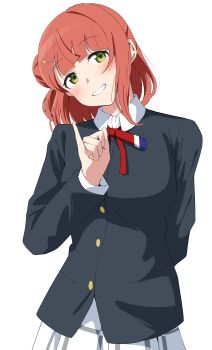 1girl absurdres black_jacket blunt_bangs collared_shirt commentary facing_viewer green_eyes grin hair_bun head_tilt highres jacket looking_at_viewer love_live! love_live!_nijigasaki_high_school_idol_club medium_hair neck_ribbon nijigasaki_school_uniform orange_hair pinky_out plaid_clothes plaid_skirt pleated_skirt red_ribbon ribbon school_uniform shirt simple_background single_side_bun single_sidelock skirt smile solo standing uchuu_no_mozuku uehara_ayumu white_background white_shirt white_skirt winter_uniform