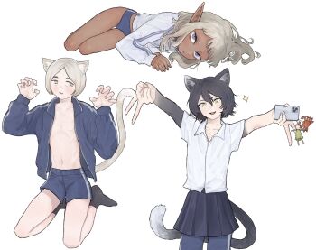 1girl androgynous animal_ears bare_pectorals black_hair blonde_hair buruma cat_boy cat_ears cat_girl cat_tail dark-skinned_male dark_elf dark_skin double_v dungeon_meshi elf grey_hair gym_shorts highres holding holding_phone izutsumi jacket kemonomimi_mode long_hair long_sleeves looking_at_viewer lying mchi125 multiple_views navel on_side open_clothes open_jacket paw_pose pectorals phone pointy_ears purple_eyes school_uniform shirt short_bangs short_hair short_sleeves shorts simple_background skirt smile socks sweatdrop tail thistle_(dungeon_meshi) trap v wavy_hair white_background yaad_(dungeon_meshi) yellow_eyes
