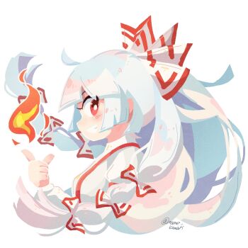 1girl bow commentary_request cropped_torso fire from_side fujiwara_no_mokou grin hair_bow highres long_hair long_sleeves looking_at_viewer mame_komari no_lineart profile red_bow red_eyes shirt sideways_mouth simple_background smile solo suspenders touhou twitter_username two-tone_bow very_long_hair white_background white_bow white_hair white_shirt