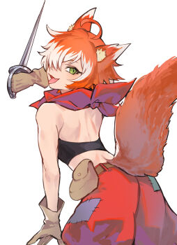 1girl animal_ear_fluff animal_ears back belt_pouch cat_ears cat_girl cat_tail catxel_xiii dagger gloves highres holostars holostars_english isal_(lasi) knife looking_back neckerchief open_mouth patchwork_clothes pouch red_neckerchief short_hair simple_background solo tail weapon