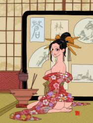 Rule 34 | 1girl, absurdres, ass, back, bare shoulders, barefoot, black eyes, black hair, brazier, breasts, eyeliner, floral print, forehead, hair bun, hair in own mouth, hair ornament, hibachi (object), highres, japanese clothes, kimono, looking at viewer, makeup, obi, off shoulder, original, parted lips, red lips, sash, sei5osuzuki, seiza, single hair bun, sitting, solo, tatami, teapot