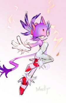 1girl animal_ears blaze_the_cat bodysuit cat_ears cat_girl cat_tail embers forehead_jewel fur-trimmed_gloves fur_trim furry furry_female gloves high_heels mixell_p pink_shoes ponytail purple_fur shoes sonic_(series) sonic_rush tail white_bodysuit white_gloves yellow_eyes