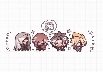 5boys angeal_hewley apple aqua_eyes black_coat black_hair black_pants blonde_hair blue_eyes blush blym7oym7759061 brown_hair chibi chibi_only closed_eyes cloud_strife coat crisis_core:_final_fantasy_vii final_fantasy final_fantasy_vii food fruit genesis_rhapsodos gloves grey_hair grid_background hair_between_eyes hair_over_one_eye highres holding holding_food holding_fruit image_in_thought_bubble long_hair male_focus multiple_boys open_mouth pants parted_bangs red_coat sephiroth short_hair smile sparkle spiked_hair sword sword_on_back weapon weapon_on_back zack_fair