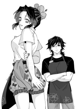 1boy 1girl alternate_costume apron arm_behind_back black_shirt breasts closed_mouth commentary_request contemporary cowboy_shot crossed_arms floral_print floral_print_apron floral_print_shorts flower greyscale hair_between_eyes hair_flower hair_ornament hibiscus highres kimetsu_no_yaiba kochou_shinobu light_frown long_hair low_ponytail medium_breasts monochrome pants parted_bangs parted_lips ponytail print_apron print_shorts puffy_shorts seezly_tani shaded_face shirt short_sleeves shorts sidelocks smile striped_clothes striped_pants t-shirt tomioka_giyuu twitter_username updo waist_apron white_background white_shirt
