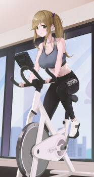 1girl absurdres bare_arms black_leggings black_pants blush breasts brown_hair building city cleavage closed_mouth exercise_bike exercise_machine fieryonion green_eyes grey_sports_bra hair_bobbles hair_intakes hair_ornament highres indoors inuyama_aoi large_breasts leggings long_hair looking_at_viewer navel pants shoes side_ponytail smile solo sports_bra sweat sweatdrop white_shoes wireless_earphones yurucamp