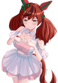 Rule 34 | 1girl, absurdres, animal ears, becherry, blush, bow, breasts, brown eyes, brown hair, closed eyes, clothing cutout, collarbone, commentary request, cropped shirt, detached collar, ear bow, ear covers, ear ribbon, green bow, highres, horse ears, horse girl, horse tail, large breasts, layered skirt, looking at viewer, medium hair, meni shuki rush-sshu!, multicolored hair, nice nature (umamusume), pink shirt, pink skirt, shirt, skirt, solo, streaked hair, tail, twintails, umamusume