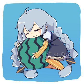 1girl :3 black_dress blue_background blush_stickers braid closed_eyes commentary_request dress elbow_gloves fingerless_gloves food fruit gloves grey_hair hair_tubes highres hugging_object kizuna_akari konohoshi long_hair orange_gloves orange_pantyhose oversized_food oversized_object pantyhose short_sleeves smile solo striped_clothes striped_gloves striped_pantyhose twin_braids vertical-striped_clothes vertical-striped_pantyhose very_long_hair vocaloid voiceroid watermelon