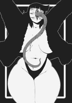 Rule 34 | 1girl, arms up, breasts, breasts apart, commentary, curvy, english commentary, extra eyes, gpsdvice, greyscale, highres, huge breasts, long tongue, monochrome, monster girl, original, panties, saliva, short hair, solo, thick thighs, thighs, tongue, traditional media, underwear, vertical mouth, very long tongue, wide hips