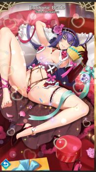 1girl ass blue_eyes blush breasts busujima_saeko game_cg highschool_of_the_dead large_breasts lingerie lowres official_art purple_hair queen&#039;s_blade queen&#039;s_blade_limit_break revealing_clothes smirk thong underwear valentine