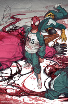1girl 3boys alt_text artist_name blood blood_on_clothes carnage_(marvel) clenched_hand commentary corpse crossover english_commentary green_jacket highres in-hyuk_lee jacket jumpsuit long_tongue looking_up marvel multiple_boys open_mouth red_jumpsuit scream_(marvel) shirt spider-man spider-man_(series) squid_game superhero_costume tongue track_jacket venom_(marvel) watermark web_address white_shirt