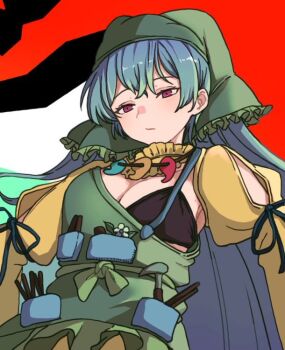 1girl apron arm_cutout black_bra blue_hair bra breasts cleavage closed_mouth clothing_cutout commentary_request green_apron green_headscarf haniyasushin_keiki headscarf jewelry long_hair looking_at_viewer magatama magatama_necklace mesuosushi necklace red_eyes single_strap solo tools touhou underwear very_long_hair wood_carving_tool yellow_sleeves