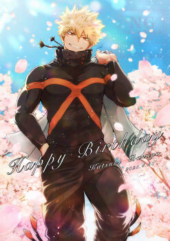 1boy absurdres bakugou_katsuki blonde_hair boku_no_hero_academia character_request cherry_blossoms covered_abs covered_pectorals dated from_below grin hand_in_pocket happy_birthday highres jacket looking_at_viewer male_focus pectorals red_eyes short_hair smile solo unworn_jacket watermark zagutan_895