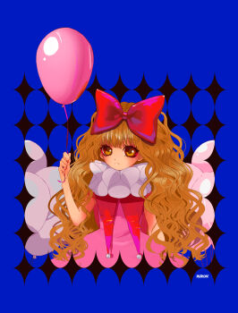 Rule 34 | 1girl, absurdres, artist name, balloon, blonde hair, blue background, blush, bow, closed mouth, clown drop, dress, hair bow, highres, long hair, looking at viewer, mashiro rima, orange eyes, pink dress, ruron (ruron art), shugo chara!, solo, wavy hair