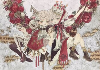 2girls acrylic_paint_(medium) ankle_socks apple blush boots bow bowtie brown_eyes cake candle commentary_request crown cup curly_hair dress earrings food from_above fruit hair_bow highres holding holding_cup jewelry karintoun long_sleeves multicolored_hair multiple_girls necklace open_mouth original painting_(medium) pale_skin parted_bangs portrait ribbon shoes short_hair sidelocks simple_background sitting socks traditional_media upper_body watercolor_(medium) white_background