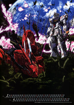 1980s_(style) 1990s_(style) absurdres artist_name asteroid axis_(gundam) battle cable calendar_(medium) char&#039;s_counterattack character_name damaged debris derivative_work dirty duel dust_cloud earth_(planet) earth_federation_space_forces energy_sword explosion gundam highres holding holding_sword holding_weapon machinery mecha mecha_focus mobile_suit neo_zeon no_humans nu_gundam oldschool planet retro_artstyle robot sazabi scan scene_reference science_fiction shigeta_satoshi smoke spoilers sword traditional_media v-fin victory weapon wreckage