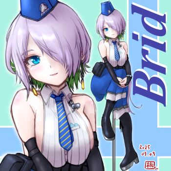 1girl backless_shirt bare_shoulders belt_pouch black_boots blue_eyes blue_hat blue_necktie blue_skirt boots breasts brid_(nikke) bridal_gauntlets character_name collarbone collared_shirt commentary_request dated earrings floating_earrings full_body garrison_cap goddess_of_victory:_nikke grey_hair hair_between_eyes hair_over_one_eye hat high-waist_skirt highres jewelry knee_boots large_breasts long_hair long_skirt looking_at_viewer momosakitenp necktie parted_lips pouch shirt sideboob sideless_shirt sidelocks signature sitting skirt sleeveless sleeveless_shirt smile stool striped_necktie white_shirt zoom_layer