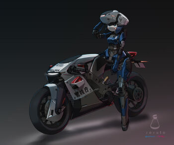 1girl artist_name blue_eyes commentary_request full_body grey_background highres joints motor_vehicle motorcycle original police police_motorcycle robot_girl robot_joints science_fiction shadow solo soruto_0w98e