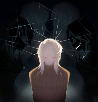 5girls closed_eyes closed_mouth commentary eyelashes facing_viewer faust_(project_moon) grey_sweater highres limbus_company long_hair multiple_girls multiple_persona project_moon standing suyapuya sweater turtleneck turtleneck_sweater white_hair