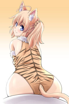 1girl ahoge animal_ear_fluff animal_ears ass blonde_hair blue_eyes cat_ears cat_girl cat_tail from_behind gradient_background looking_back original short_hair sitting smile solo tail tonpuu