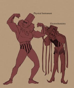 2boys absurdres biceps bodybuilder boots briefs brown_background character_name closed_mouth collar commentary disco_elysium double_biceps_pose electrochemistry_(disco_elysium) english_commentary english_text flexing frilled_collar frills full_body hand_on_own_cheek hand_on_own_face hat hat_feather hetequilasunset highres jester laughing lips long_nose male_focus male_underwear mole mole_under_eye multiple_boys muscular muscular_male open_mouth original physical_instrument_(disco_elysium) red_theme shirt shorts simple_background sleeveless sleeveless_shirt thigh_boots underwear vambraces