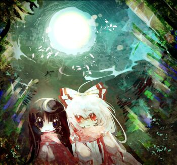 2girls absurdres bamboo bamboo_forest bird black_eyes black_hair blush bow commentary_request cowboy_shot day forest from_below fujiwara_no_mokou hair_bow highres houraisan_kaguya korean_commentary long_hair multiple_girls multiple_hair_bows nature orangeonlime outdoors pink_scarf red_eyes red_shirt scarf shirt side-by-side smile sparkle sun suspenders touhou white_bow white_hair white_shirt wide_shot