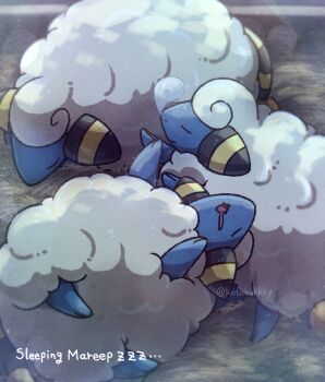 closed_eyes closed_mouth commentary drooling gen_2_pokemon highres kotobukkii_(yt_lvlv) lying mareep mouth_drool nintendo no_humans nose_bubble open_mouth pokemon pokemon_(creature) pokemon_focus sleeping straw_(stalk) tongue twitter_username zzz