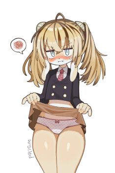 1girl ahoge animal_ears batrobin_k black_jacket blonde_hair blue_eyes blush body_fur bow bow_panties brown_hair brown_skirt closed_mouth clothes_lift collared_shirt embarrassed furry furry_female hair_between_eyes highres jacket lifting_own_clothes loli long_hair long_sleeves looking_at_viewer necktie original panties polka_dot polka_dot_panties red_necktie school_uniform shirt simple_background skirt skirt_lift solo spoken_squiggle squiggle sweatdrop thighs twintails underwear white_background white_shirt