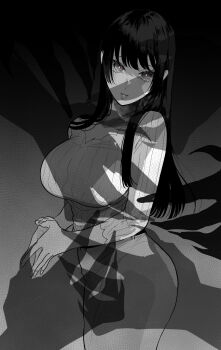 1girl black_hair blouse breasts commentary eldritch_abomination expressionless extra_arms extra_hands fingernails greyscale highres itoko_(ldoll_itk) large_breasts long_hair looking_at_viewer monochrome monster original own_hands_together reaching reaching_towards_viewer shadow sharp_fingernails shirt solo_focus