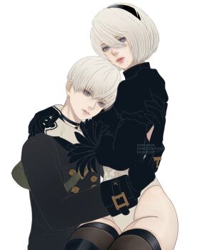1boy 1girl 2b_(nier:automata) 9s_(nier:automata) black_boots black_choker black_dress black_gloves black_hairband black_jacket black_shorts blue_eyes blush boots choker cleavage_cutout clothing_cutout commentary couple december dress english_commentary feather-trimmed_sleeves gloves grey_hair hair_between_eyes hairband hand_on_another's_arm head_on_another's_chest hetero jacket juliet_sleeves knees_up lipgloss long_sleeves looking_at_another mitsuki_nite mole mole_under_mouth nier:automata nier_(series) parted_lips pink_lips puffy_sleeves red_scarf scarf short_hair shorts sitting snow snowman sweater thigh_boots thighhighs thighhighs_under_boots turtleneck turtleneck_sweater