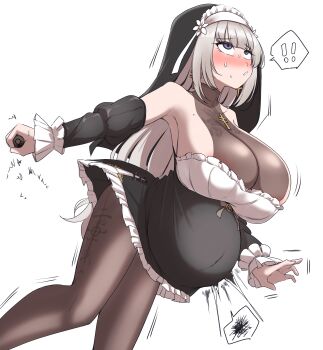 absurdres areola_slip black_dress blush bodystocking breasts detached_sleeves dress earrings highres holding holding_wand huge_breasts jewelry lelia_(sinisistar) long_hair mole mole_on_breast nun pregnant purple_eyes saguyugo sideboob sinisistar sinisistar_2 wand white_hair
