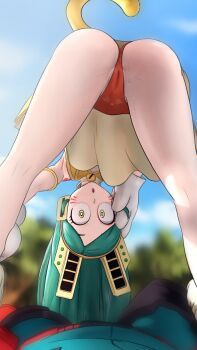 1boy 1girl 3d ass asymmetrical_bangs between_legs blurry boku_no_hero_academia cameltoe depth_of_field fake_tail from_behind gloves greatm8 green_hair headgear highres legs long_hair looking_at_viewer looking_back looking_through_own_legs midoriya_izuku outdoors panties pantyshot pov ragdoll_(boku_no_hero_academia) red_panties skirt sky sweat tail thighs underwear upskirt view_between_legs white_gloves yellow_eyes yellow_skirt