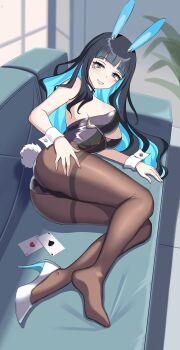 1girl absurdres animal_ears ass bare_shoulders black_hair black_leotard blue_hair breasts brown_pantyhose card cleavage colored_inner_hair couch detached_collar eyeliner fake_animal_ears fake_tail fate/grand_order fate_(series) grey_eyes grin high_heels highleg highleg_leotard highres jibei_(lyh2279755496) large_breasts leotard long_hair looking_at_viewer lying makeup multicolored_hair on_side pantyhose playboy_bunny playing_card rabbit_ears rabbit_tail sidelocks smile solo tail tenochtitlan_(fate) tenochtitlan_(swimsuit_mooncancer)_(fate) tenochtitlan_(swimsuit_mooncancer)_(third_ascension)_(fate) wrist_cuffs