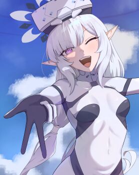 1girl :d ;d absurdres blue_archive blue_sky blush bodysuit breasts cloud commentary english_commentary goggles goggles_on_head halo highres himari_(armed)_(blue_archive) himari_(blue_archive) looking_at_viewer medium_breasts mole mole_under_eye one_eye_closed open_mouth pointy_ears purple_eyes sa-norru sky smile solo w white_hair