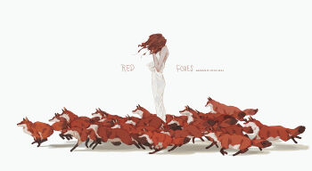 1girl absurdres animal animal_focus artist_name backless_dress backless_outfit commentary dated dress english_commentary english_text fox from_side hands_on_own_face highres long_hair medium_hair obscured original pale_skin red_fox red_hair running simple_background skinny standing surrounded too_many too_many_foxes white_background xi_zhang