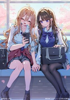 2girls :d ^_^ ahoge akatsuki_mikoto aoi_rei artist_name backlighting bag bag_on_lap black_pantyhose black_shoes black_socks blonde_hair blue_bow blue_bowtie blue_eyes blue_necktie blue_sweater_vest blunt_bangs blush bow bowtie breasts brown_hair brown_shoes cellphone closed_eyes closed_mouth clothes_around_waist collarbone commentary_request diagonal-striped_bow diagonal-striped_bowtie diagonal-striped_clothes diagonal-striped_necktie earphones full_body gyaru hair_between_eyes hair_ornament hairclip highres holding holding_hands holding_phone jacket jacket_around_waist kudo_eru long_hair long_sleeves looking_at_phone medium_breasts mikoto_to_rei multiple_girls necktie open_collar open_mouth pantyhose phone pink_nails plaid_clothes plaid_skirt pleated_skirt red_jacket school_bag school_uniform shared_earphones shirt shoes sitting skirt sleeves_rolled_up small_breasts smartphone smile socks straight_hair striped_bow striped_bowtie striped_clothes striped_necktie stuffed_animal stuffed_cat stuffed_toy sweater_vest thighs train_interior unworn_bag wavy_hair white_shirt window yuri