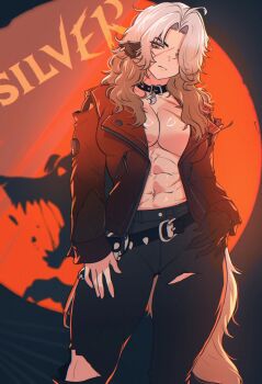 abs absurdres animal_ear_fluff belt belt_buckle black_background black_belt black_gloves breasts brown_hair buckle cleavage closed_mouth commentary_request crescent crescent_necklace deadlock_(game) ear_piercing english_text feet_out_of_frame frown gloves hair_over_one_eye highres jacket jewelry korean_commentary large_breasts long_earlobes long_hair looking_down multicolored_hair muscular muscular_female necklace open_clothes open_jacket orange_background orange_eyes orange_jacket pants piercing scar scar_on_face scar_on_neck silhouette silver_(deadlock) single_glove sleeves_past_wrists spoiledmuffin spotlight standing text_background torn_clothes torn_pants two-tone_hair white_hair white_tail wolf wolf_girl