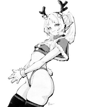 1girl antlers bandeau capelet closed_mouth commentary cowboy_shot dutch_angle earrings elf fake_antlers fake_tail flat_chest frieren from_side fur-trimmed_capelet fur_trim greyscale hair_over_shoulder highleg highleg_panties highres horns jewelry long_pointy_ears looking_at_viewer miregeist monochrome own_hands_together panties parted_bangs pointy_ears reindeer_antlers short_eyebrows signature simple_background smile solo sousou_no_frieren standing steepled_fingers tail teardrop_earrings thick_eyebrows thighhighs underwear